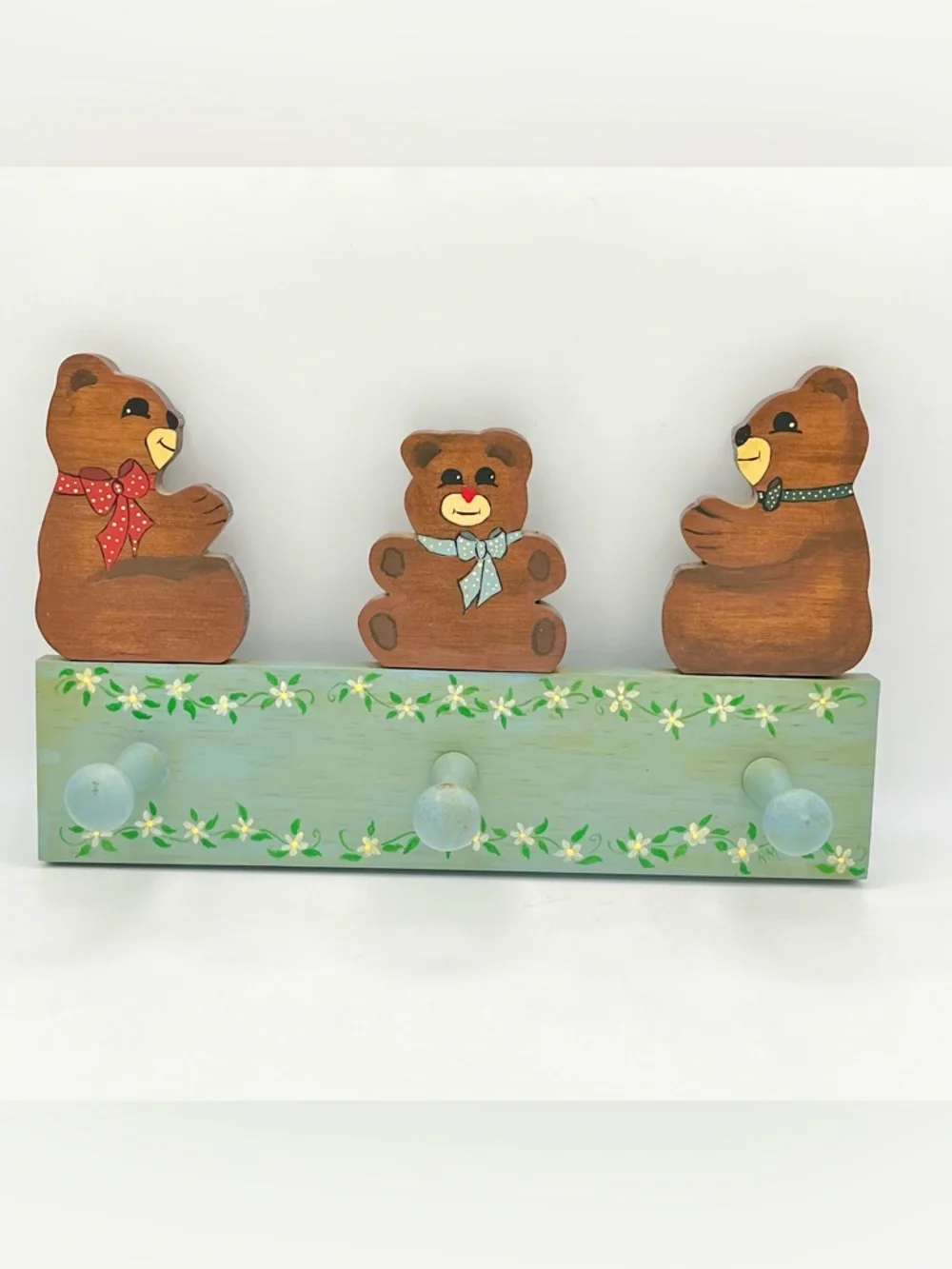 Vintage Teddy Bear Wooden Wall Coat Rack Nursery Peg Hand Painted Cottage Baby